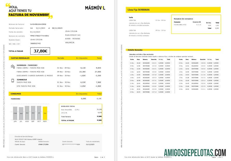 Espanha Masmovil Internet e fatura de serviços públicos móveis Formatos Word e PDF, 5 páginas exemplo real
